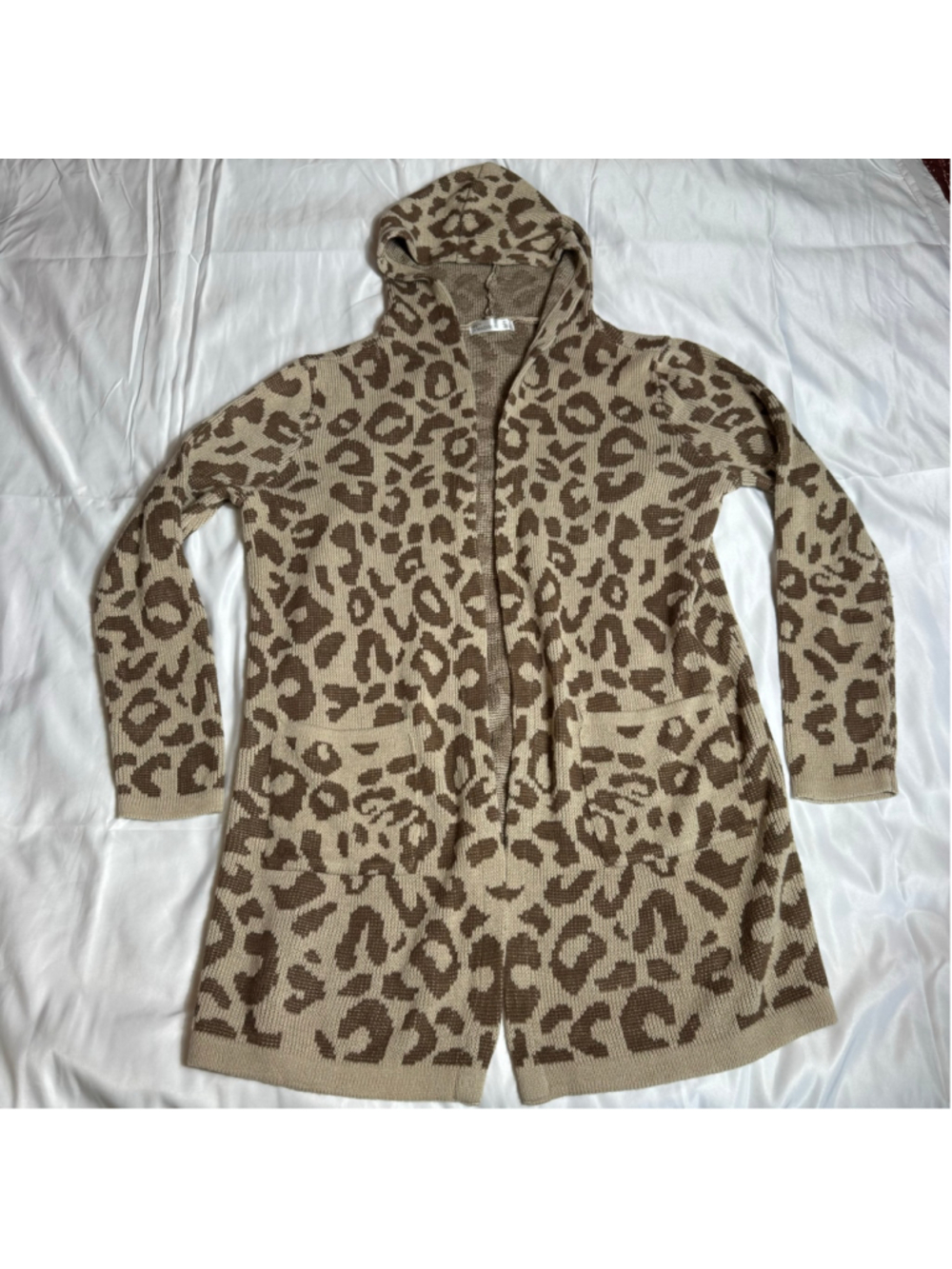 Women's 89th & Madison Leopard Print Hooded Cardigan, Size M, Beige/Brown